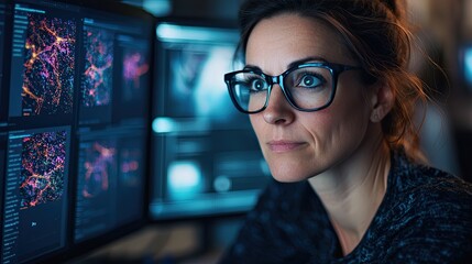 A focused professional analyzes data on multiple screens, showcasing a modern workspace with intricate digital visuals.