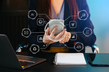 Digital marketing media in virtual screen.businesswoman hand working with mobile phone and modern...