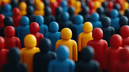 Obraz premium A colorful crowd of small figurines representing diversity, with one yellow figure standing out among many red, blue, and black figures in a blurred background.