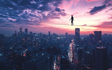 A tightrope walker balanced above a cityscape, symbolizing mental steadiness and psychological balance in daily life,