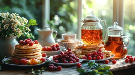 A cozy breakfast scene featuring pancakes, fresh raspberries, and tea in a sunny setting.