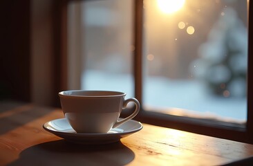 Fototapeta premium A cup of hot tea on an early winter morning, “Tea Day” holiday