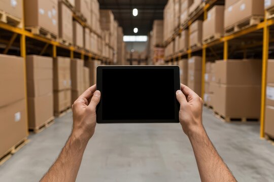 Employee checking inventory list on tablet, streamlined warehouse workflow