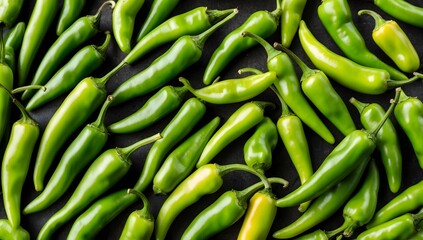 Image of a pile of long green chili peppers, fresh green chilies, chilies arranged randomly