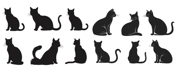 Black cat silhouettes in various poses, isolated on white background, Cat collection - vector silhouette, silhouette of a cat, set