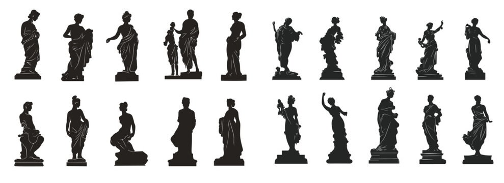 Ancient Greek solid black color sculptures of gods, goddess and heros, vector silhouettes antique statues of men and women figures, bust and full body, hand drawn isolated clip art bundle
