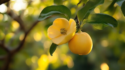 A close-up of yellow fruits and vibrant flowers on a tree, showcasing nature's beauty and freshness in a sunny garden.