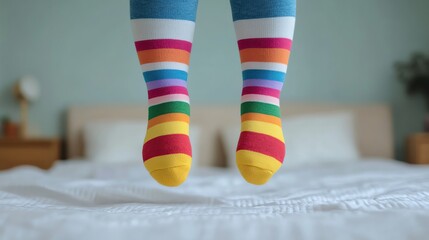 Playful striped socks on feet, jumping on a bed, joyful National Sock Day moment