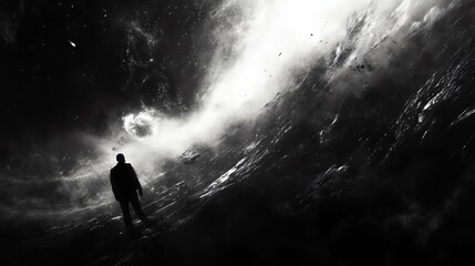 Obraz premium A lone figure stands amidst a swirling cosmic scene, evoking feelings of mystery and introspection in a black and white landscape.