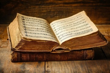 Obraz premium Aged book with music sheets. Vintage musical score. generative ai