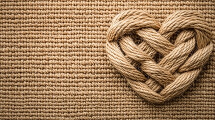 A heart shape formed by a woven rope resting on a burlap background. The light brown tones create a warm and inviting atmosphere.