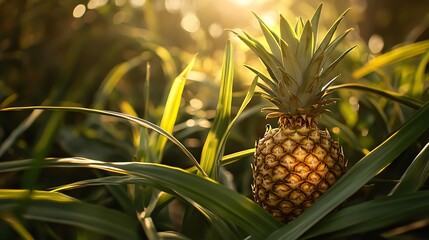 Fototapeta premium A ripe pineapple surrounded by green leaves in warm sunlight, showcasing the beauty of tropical agriculture.
