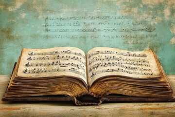 Obraz premium Aged book with music sheets. Vintage musical score. generative ai