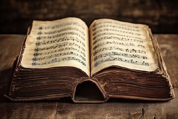 Obraz premium Aged book with music sheets. Vintage musical score. generative ai