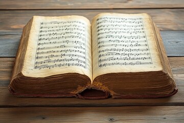 Obraz premium Aged book with music sheets. Vintage musical score. generative ai