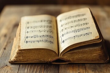Obraz premium Aged book with music sheets. Vintage musical score. generative ai