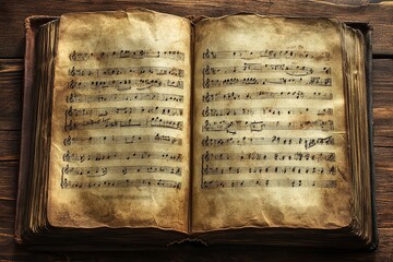 Aged book with music sheets. Vintage musical score. generative ai