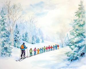 A vintage ski adventure poster showing a ski guide leading a group through a snowy forest, watercolor shades of soft blue, white, and green