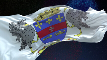 Saint Barthelemy flag - Waving flag on celebrating fireworks for national holiday day. Ceremony for...
