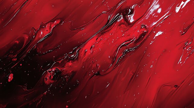 Abstract red paint texture with glossy finish, showcasing fluid movement and depth, perfect for artistic backgrounds.