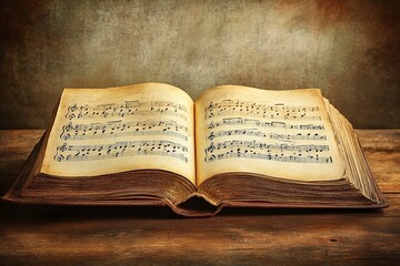 Obraz premium Aged book with music sheets. Vintage musical score. generative ai