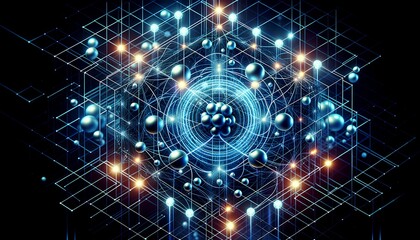 Abstract Quantum Computing Visualization with Entangled Qubits in a Grid Matrix, Glowing Neon Orbs, and Multidimensional Patterns Reflecting Advanced Computational Power