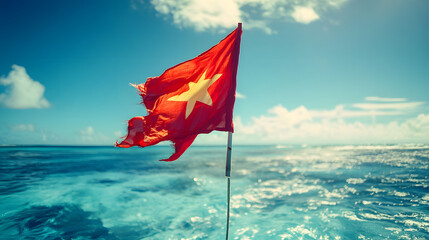 Dynamic Composition of the Kiribati Flag Fluttering in the Wind Against a Stunning Ocean Backdrop