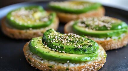 Delicious avocado slices on toasted bread, garnished with sesame seeds, perfect for a healthy snack or appetizer.