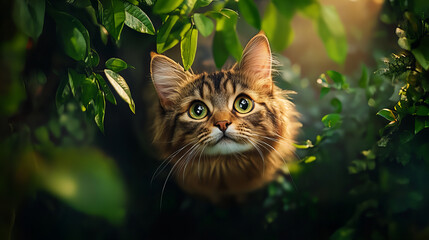 Banner depicting curious kitten head peeking through green foliage with sunlight creating magical playful atmosphere of shadows