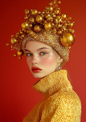 A woman dressed in a golden, woolly outfit adorned with Christmas baubles and tinsel, posing against a light red background for a glamorous fashion magazine cover