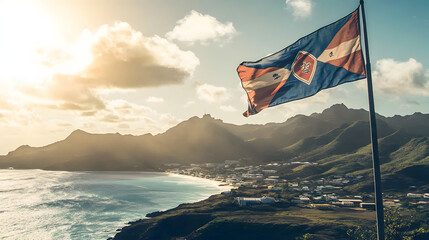 A Close-Up View of the Cape Verde Flag Unfurled Against a Stunning Coastal Backdrop
