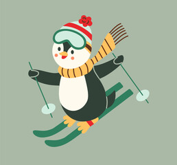 Cute penguin skiing in a winter outfit with scarf, hat, and goggles. Fun and playful Christmas illustration perfect for holiday cards, decorations, and seasonal designs. Flat style, cheerful, vibrant.