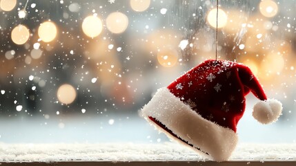 Black Santa hat with red trim hanging on a frosty window, 3D illustration