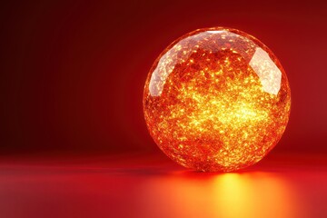 A glowing, spherical representation of the sun against a red backdrop.