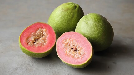 Fresh guava fruit displayed with one cut in half to reveal its vibrant pink flesh and seeds. Perfect for healthy recipes.