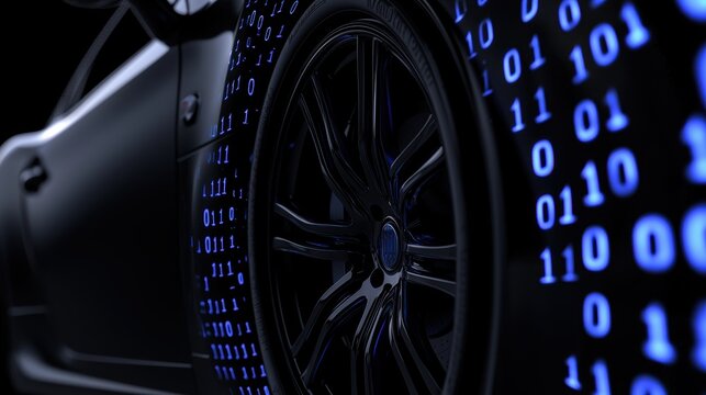 Close-up of a car wheel with a digital binary code background, emphasizing the fusion of automotive design and technology. - Powered by Adobe