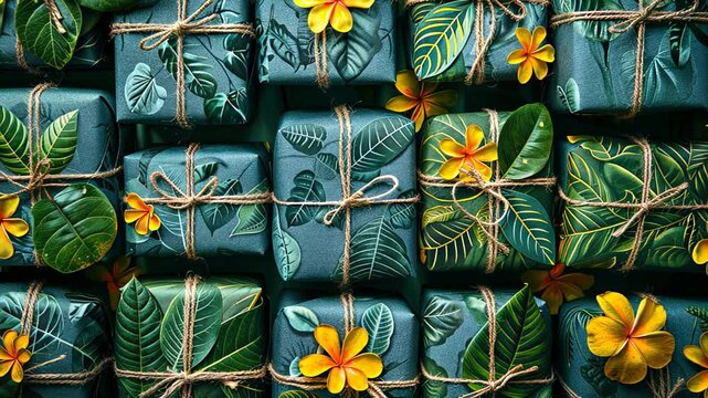Eco friendly gift boxes wrapped in green botanical paper with natural twine and yellow flowers, perfect for sustainable and environmentally
