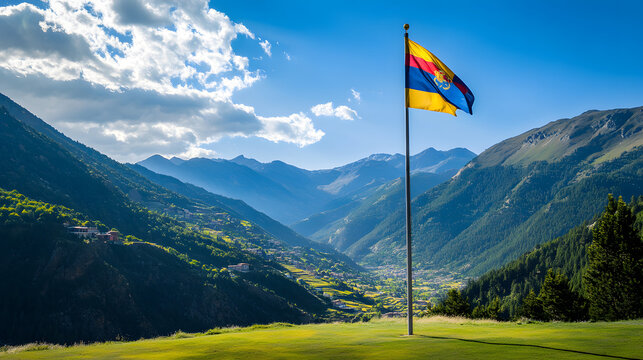 The Majestic Andorra Flag as It Waves Proudly in the Heart of Breathtaking Mountains - Powered by Adobe