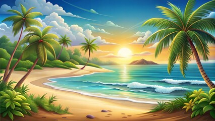 Fototapeta premium Illustration: sea beach at sunset