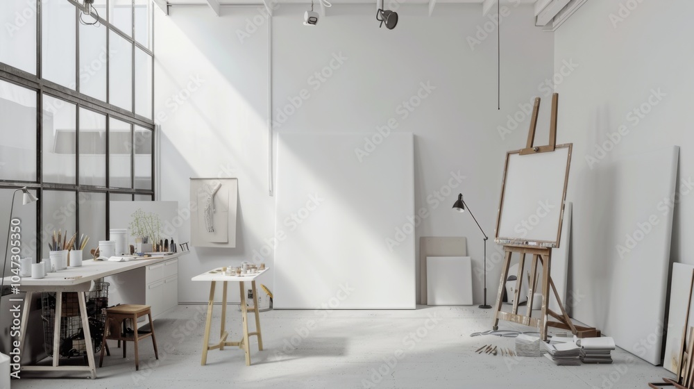 Poster a sleek and modern art studio design boasting a pristine white canvas backdrop, minimalist art suppl