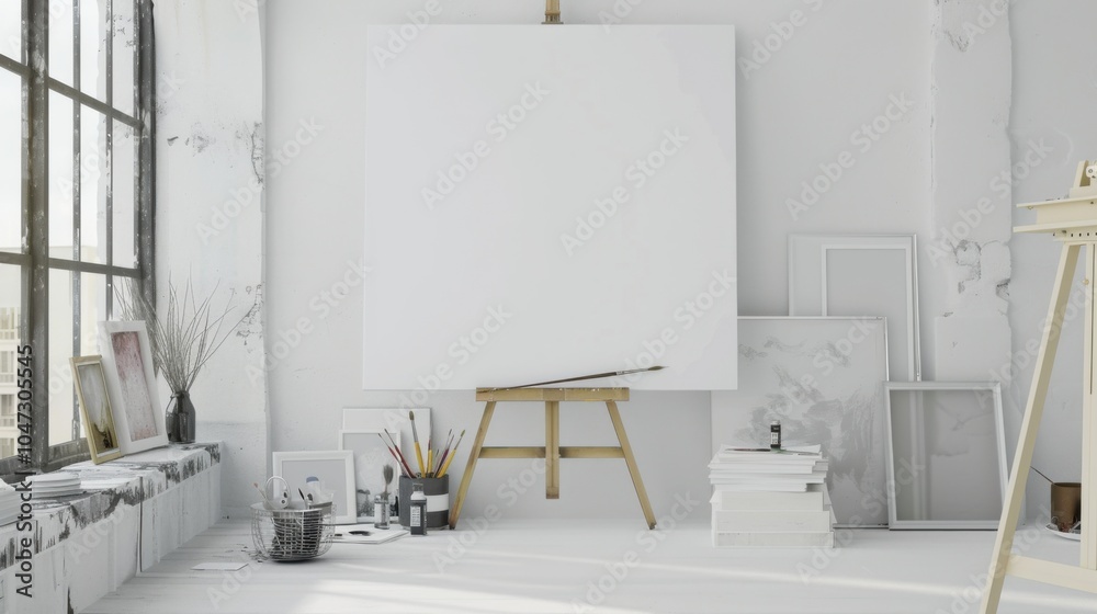 Poster a sleek and modern art studio design boasting a pristine white canvas backdrop, minimalist art suppl
