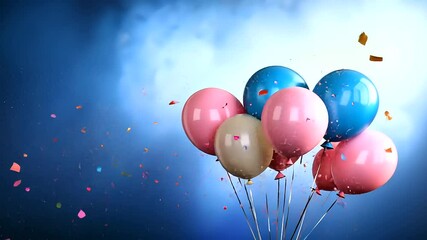 The background features an explosion of pink and blue balloons against a bright backdrop, surrounded by swirling confetti, setting a celebratory tone for any special occasion