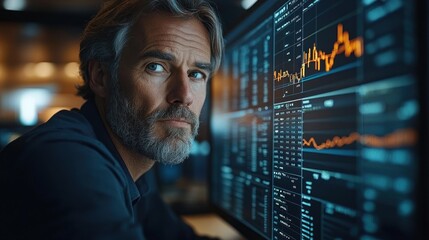 A focused man analyzing data on a large screen in a modern office environment.