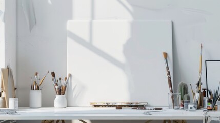 A sleek and modern art studio design featuring a pristine white canvas backdrop, Minimalist art supplies meticulously arranged, Contemporary minimalist style
