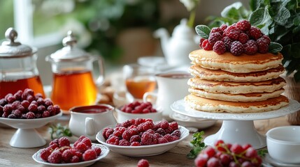 A delightful breakfast scene featuring pancakes topped with raspberries and tea.