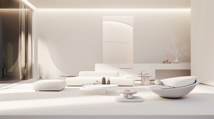 A sleek and modern living area with a white canvas backdrop, Featuring minimalist furniture arranged for optimal functionality, Futuristic design aesthetic