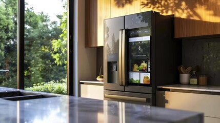 Modern Smart Refrigerator with Touchscreen Display in a Kitchen Setting