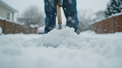 Hands Holding a Snow Shovel, Pushing Through Snow: A Practical Action for Clearing Winter Accumulation