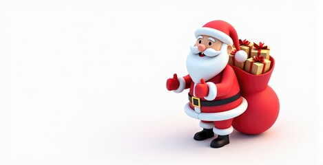 Cheerful Santa Claus in a festive red outfit joyfully giving thumbs up while holding a bag full of presents during the holiday season