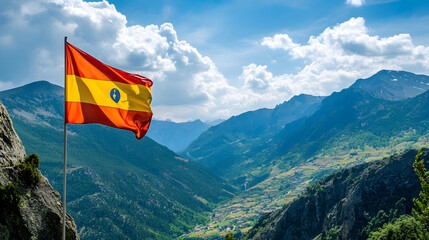 The Majestic Andorra Flag as It Waves Proudly in the Heart of Breathtaking Mountains